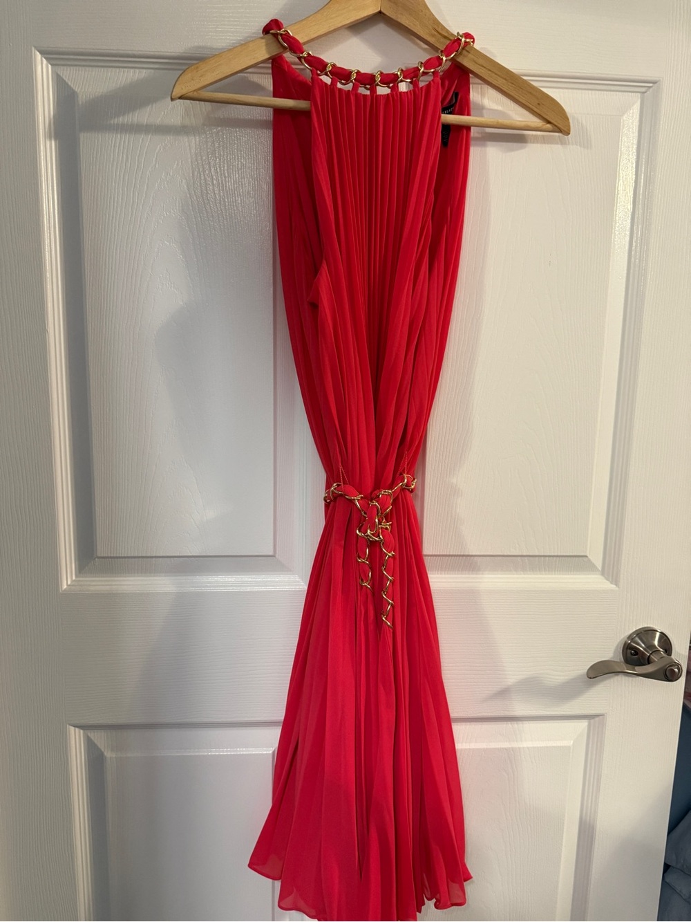 White House Black Market Red Maxi Dress with Gold Chain Accents